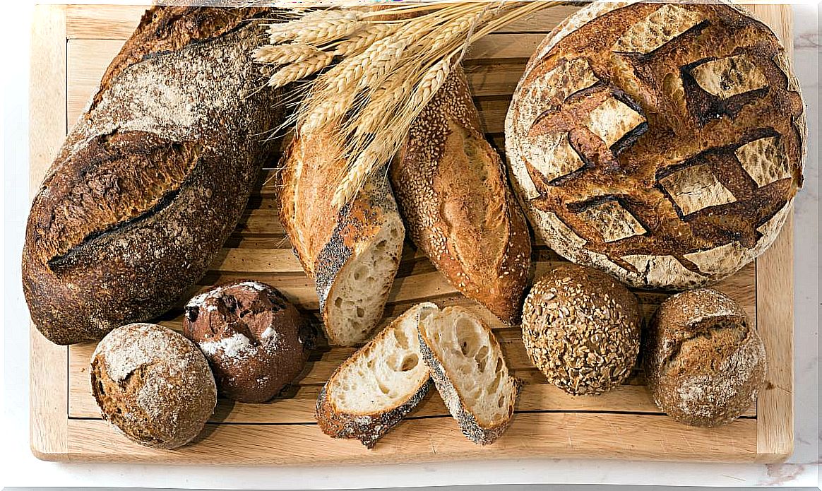 Table with different types of whole grain breads