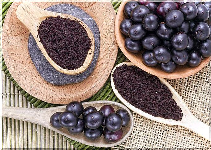 Acai fruits and fruit powder.