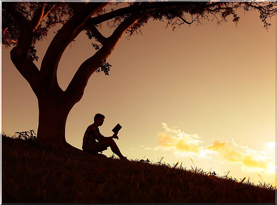 Man reading a book under a tree